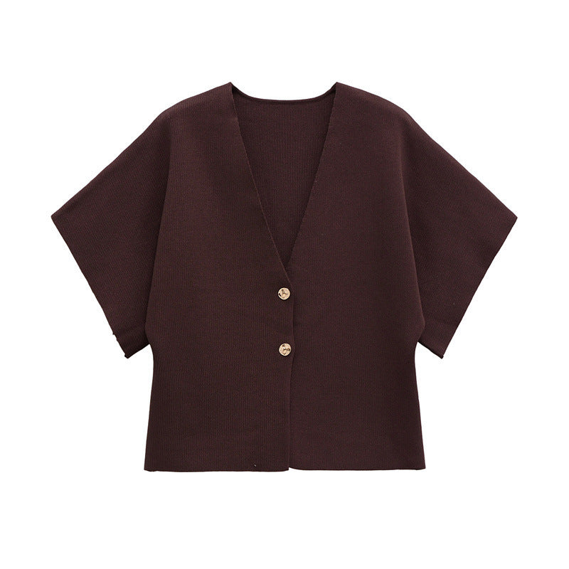 European And American Fashion Women's Wear Elegant Cardigan Plain Stitch Short Sleeve V-neck Casual Simple Knitting Top