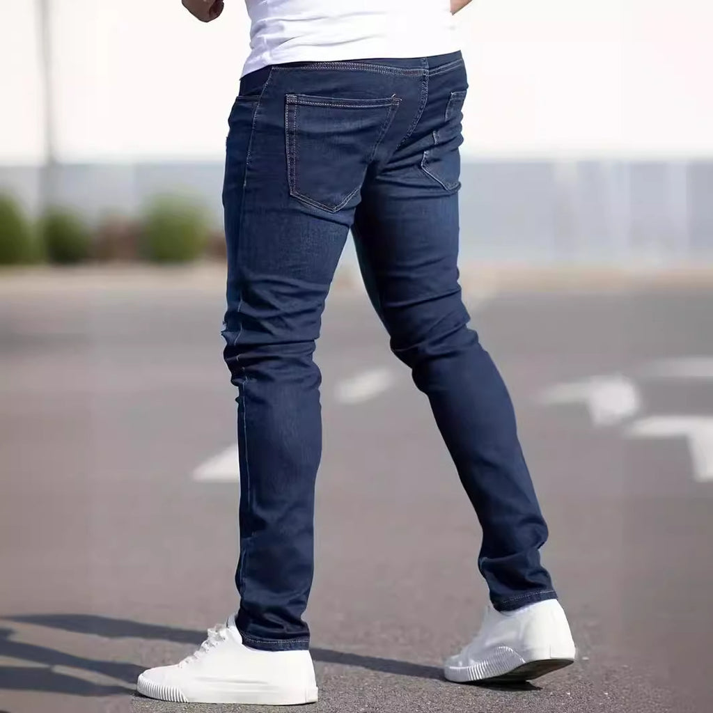 Jeans décontracté bleu foncé coupe slim homme taille moyenne en coton