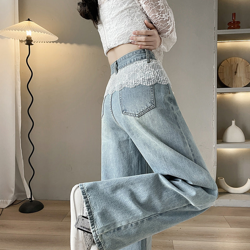 Jean large droit amincissant en dentelle