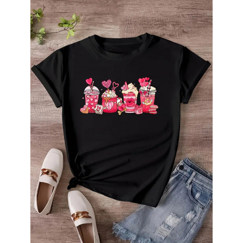 Women's Short Sleeve Valentine's Day Heart 3D Round Neck Top