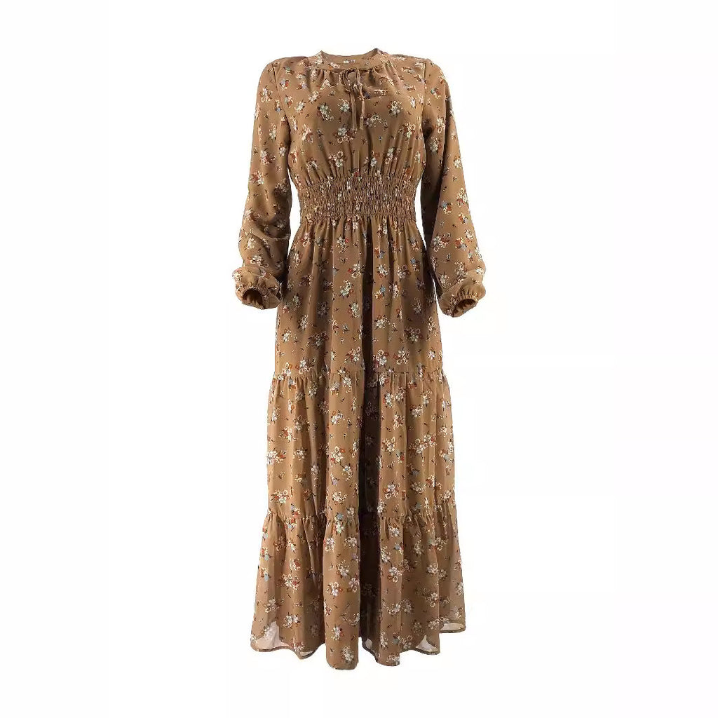 Robe longue en mousseline de soie à fleurs smockée élégante pour femme du Moyen-Orient