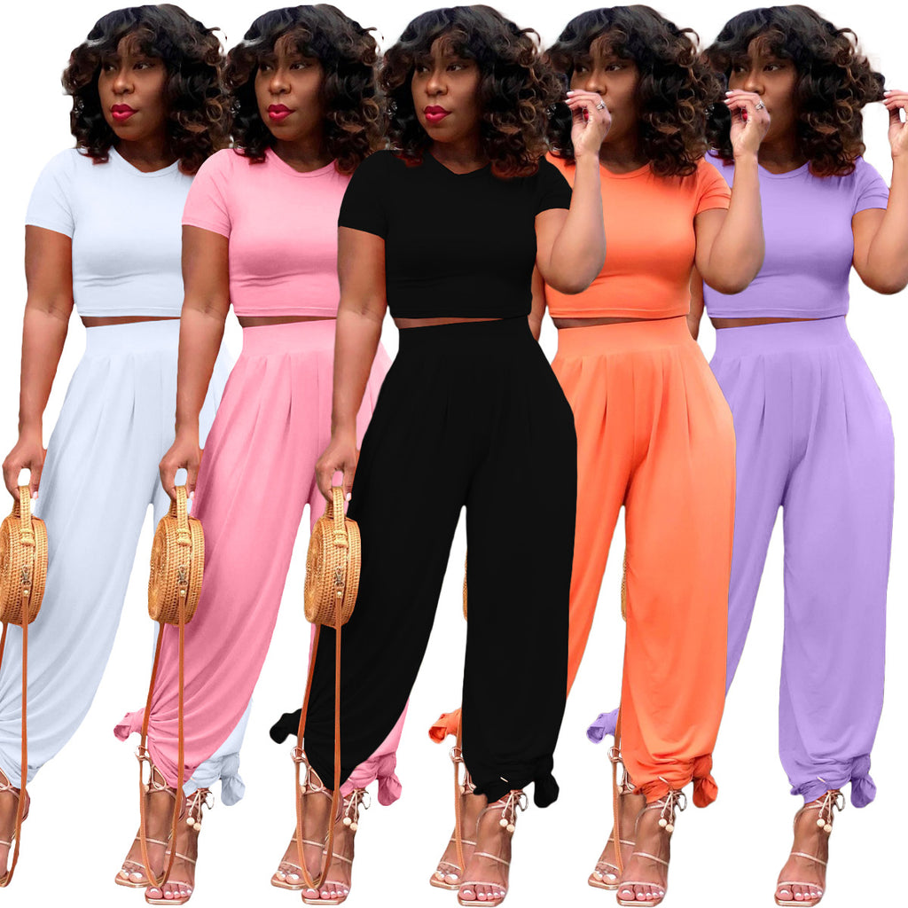 Solid Color Midriff Bell-Bottom Pants Casual Suit for Women