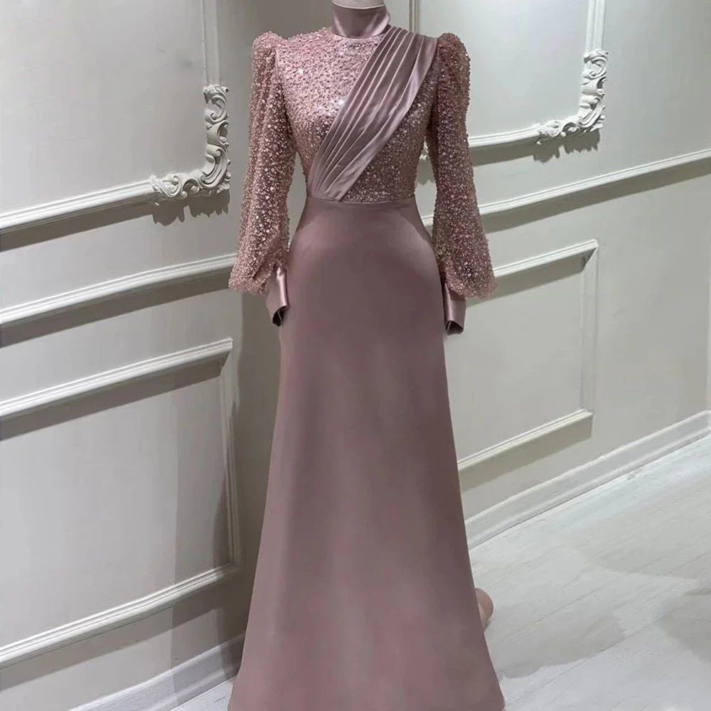Elegant Long Sleeve Detachable Satin Evening Dress