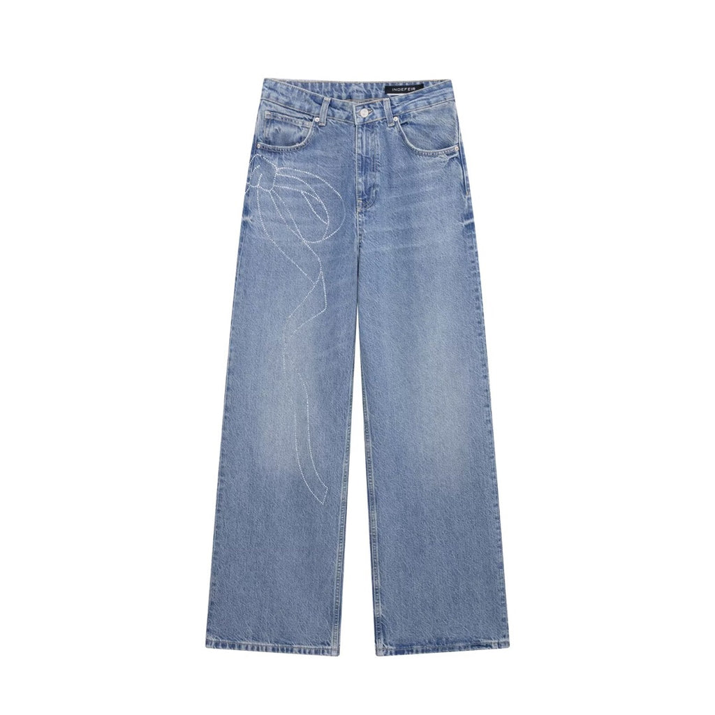 High Waist Wide Leg Rhinestone Jeans - Casual Loose Fit