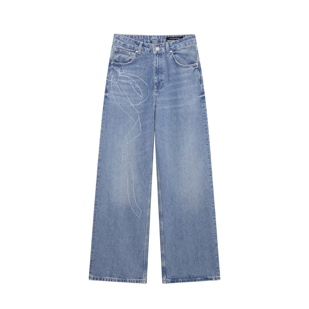Leisure Anti-aging Wide Leg Straight High Waist Rhinestone Jeans