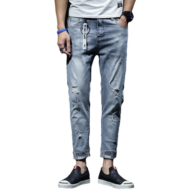 Light Blue Ripped Elastic Small Leg Straight Jeans for Youth