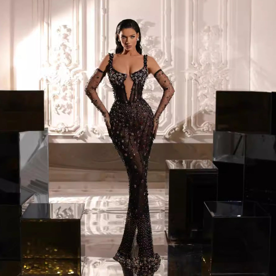 Luxury Colorful Crystal Mesh Cinched Sling Dress