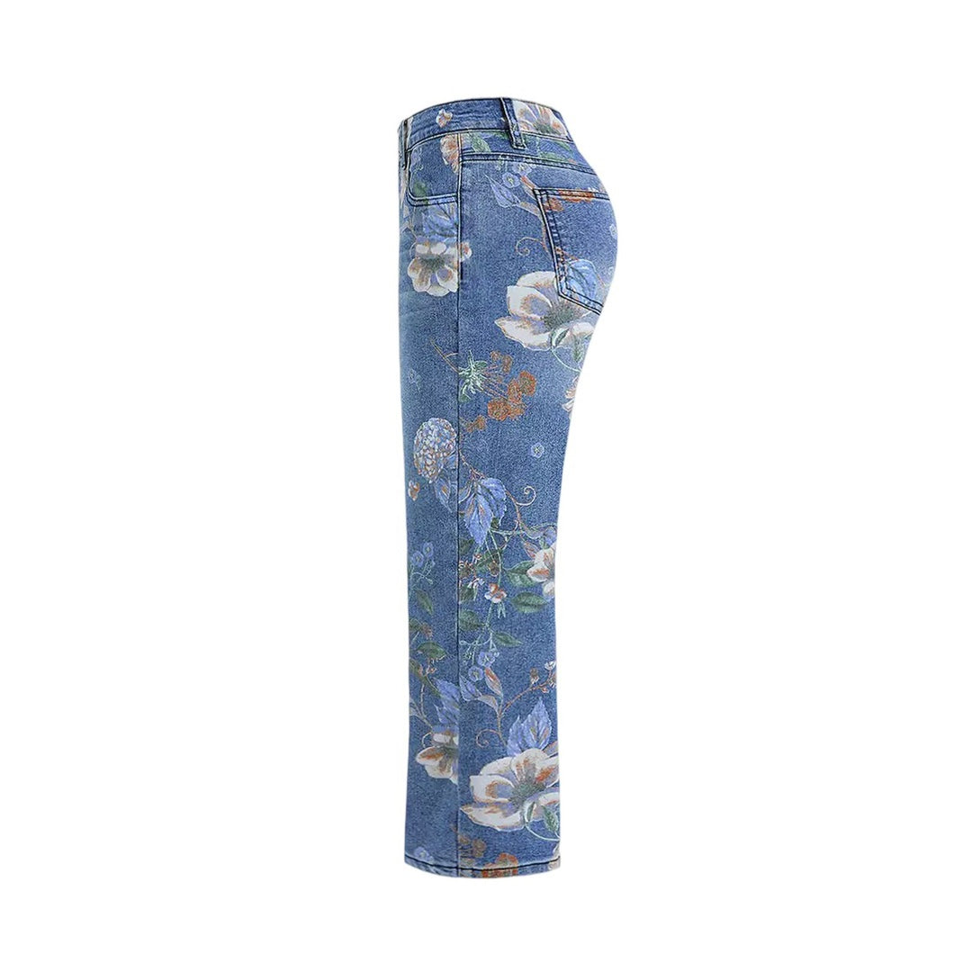 Women's Printed Denim Mid-Waist Straight Wide-Leg Pants for Spring & Autumn