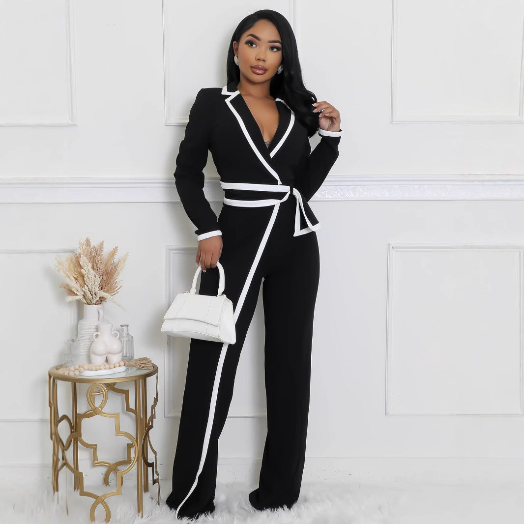 Dual-Color Patchwork Belted Long Sleeve Jumpsuit