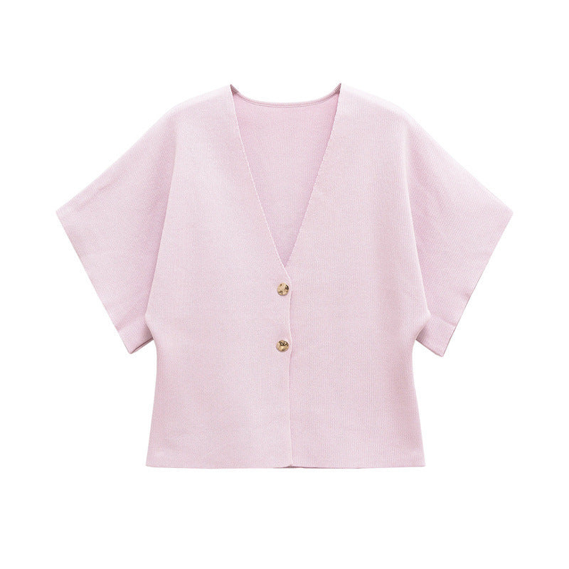 European And American Fashion Women's Wear Elegant Cardigan Plain Stitch Short Sleeve V-neck Casual Simple Knitting Top