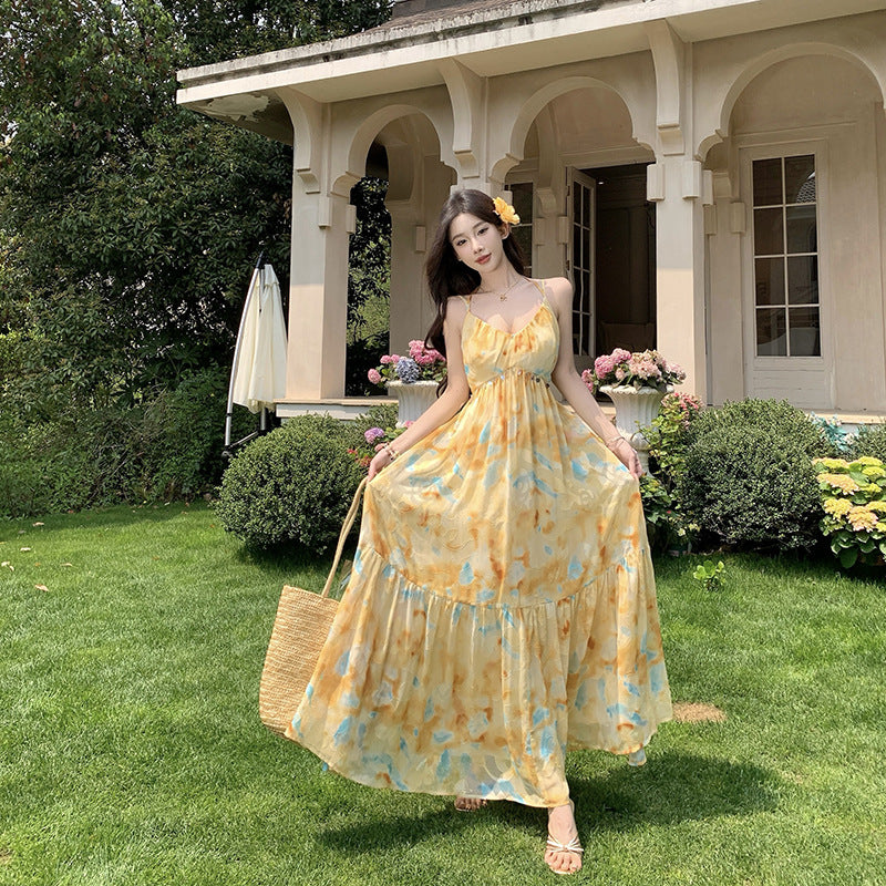 Yellow Fairy Ruffled Spaghetti Strap Dress, A-Line Vacation Style