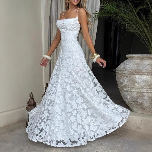 Women's Backless Chiffon Sling Dress Sleeveless High Waist Long Skirt