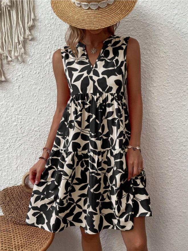 Robe mi-longue plissée à imprimé et col en V ample pour femme