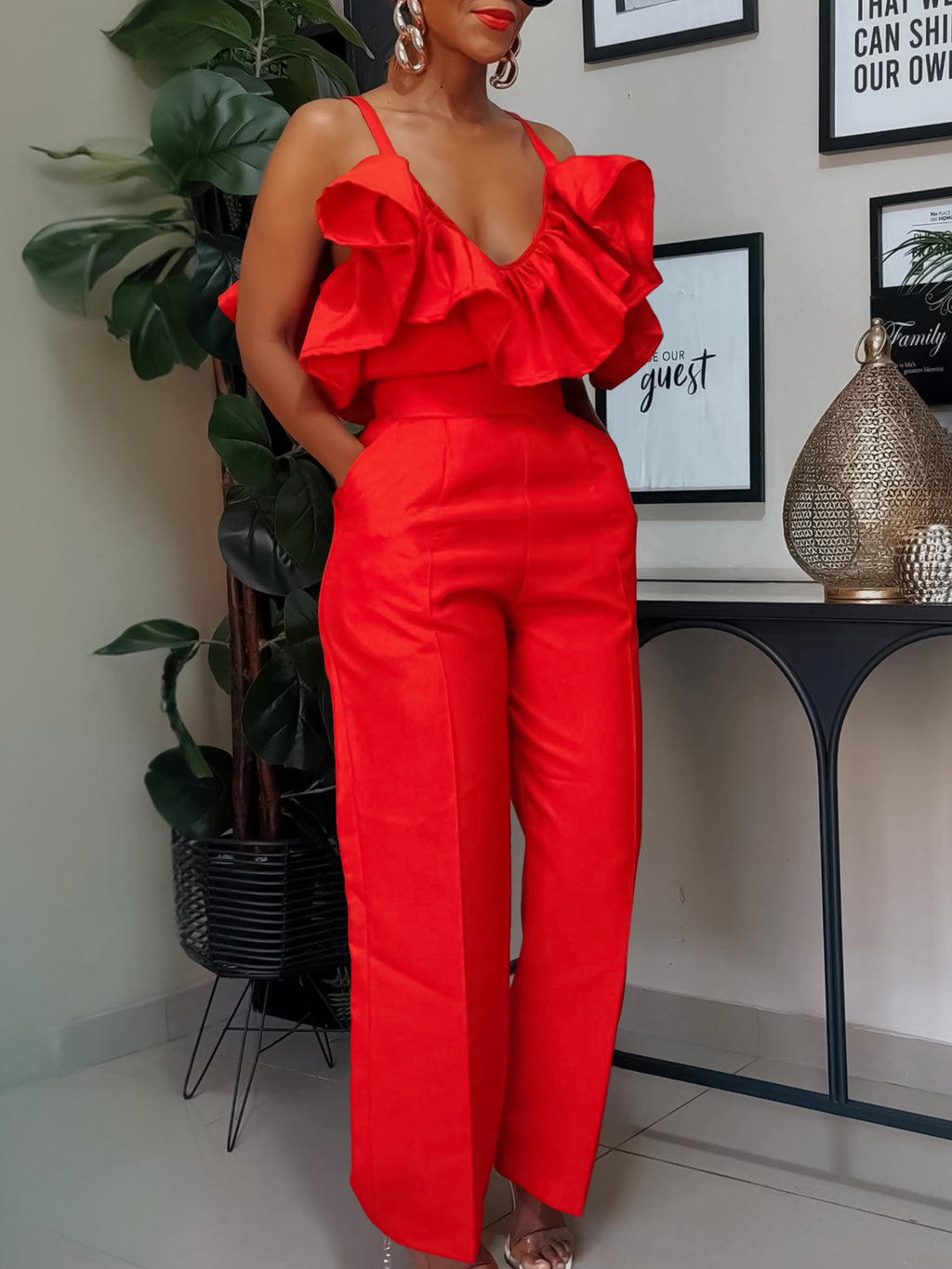 V-Neck Flounce Sling Top & High Waist Trousers Suit