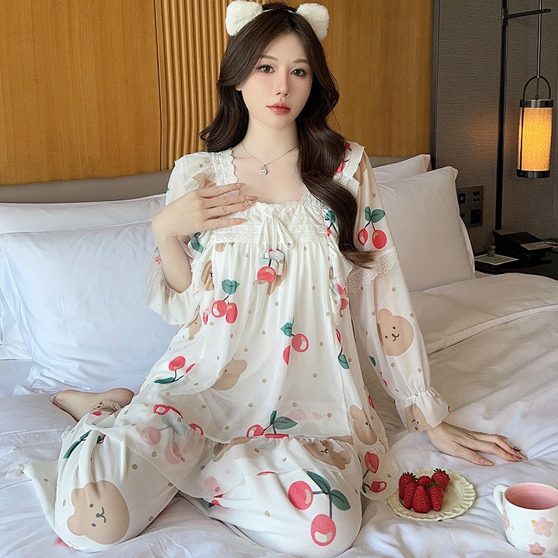 Ensemble de pyjama en polyester ample à col carré et dentelle, Tailles M-XXL