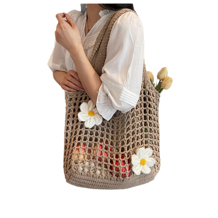 Knitted Woven Mesh Flower Handbag Large Capacity Versatile Shoulder Bag