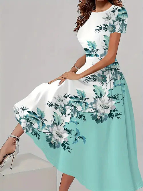 Trendy Casual All-matching Floral Pattern Short Sleeve Round Neck Dress