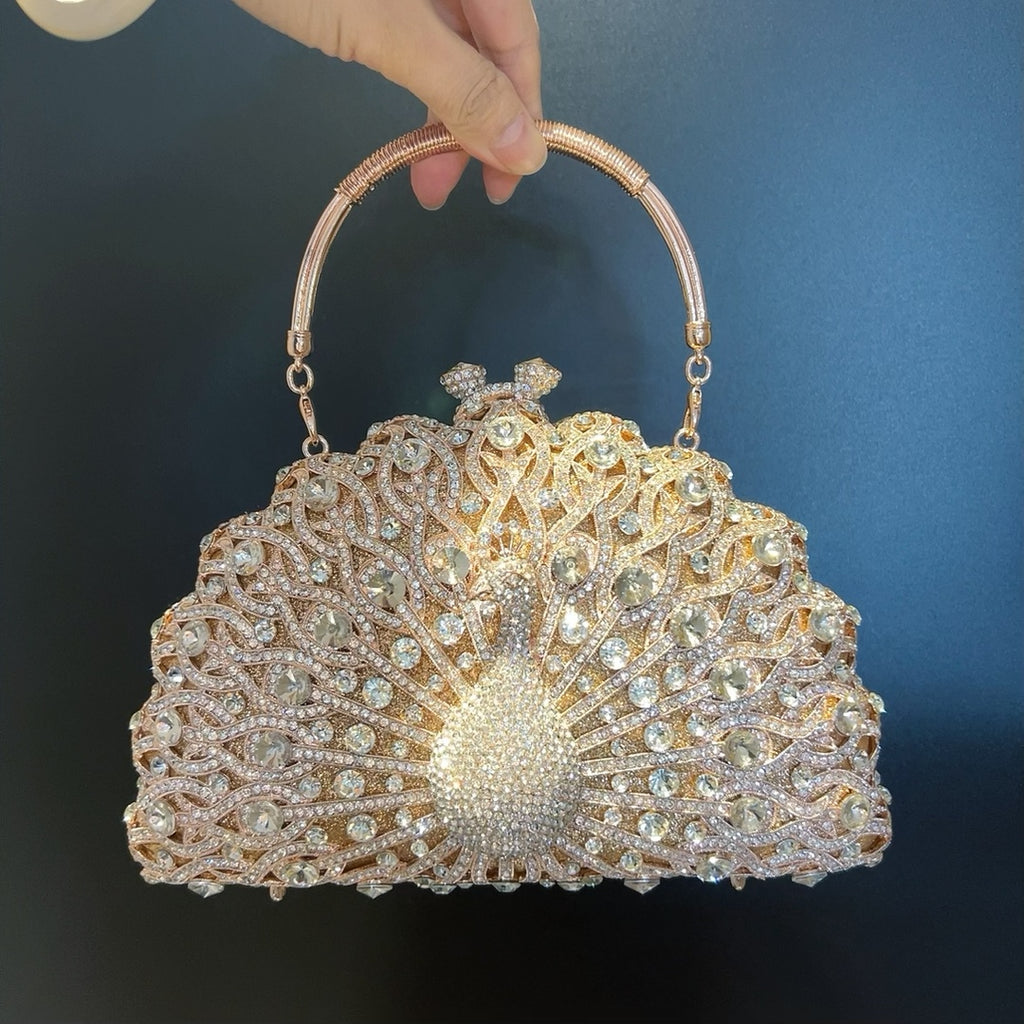 Large Peacock Diamond Evening Bag with Metal Handle and Chain, 23cm