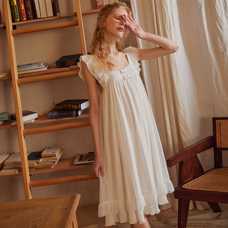 French Royal Style Summer Thin Sleeveless Nightdress Lace Princess White Pullover Pajamas Home Skirt Princess Dress