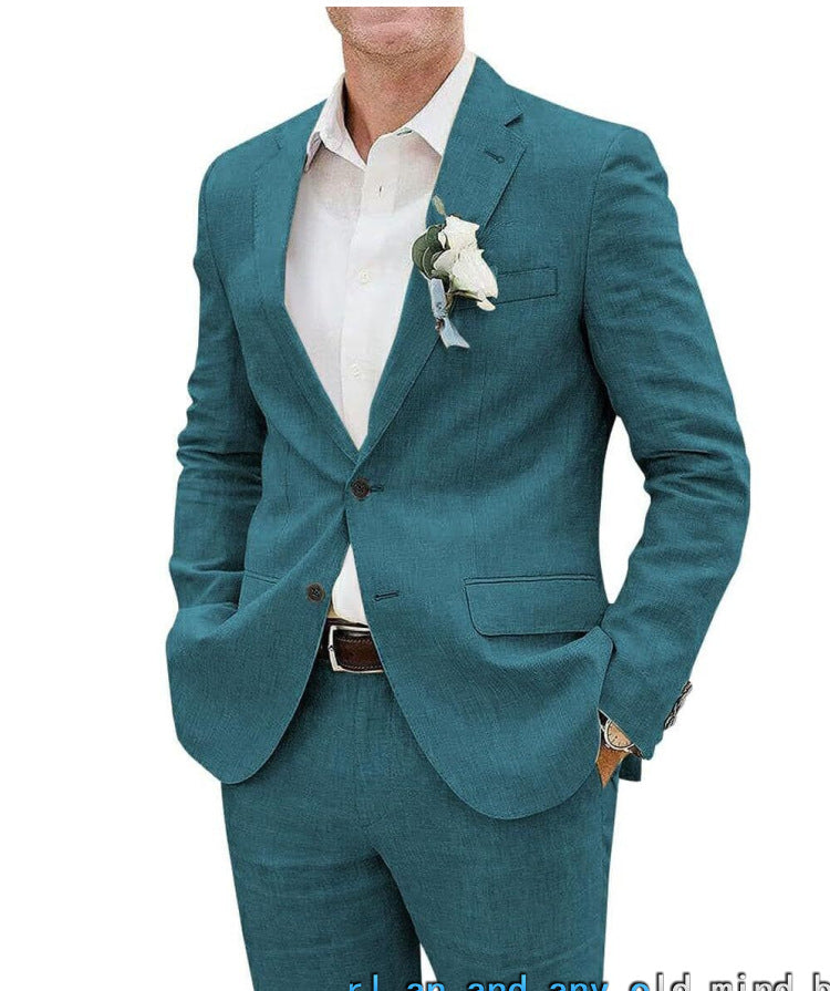 Men's Slim Fit Linen Two-Piece Business Casual Suit