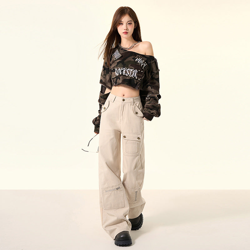 High Waist Khaki Denim Wide Leg Jeans