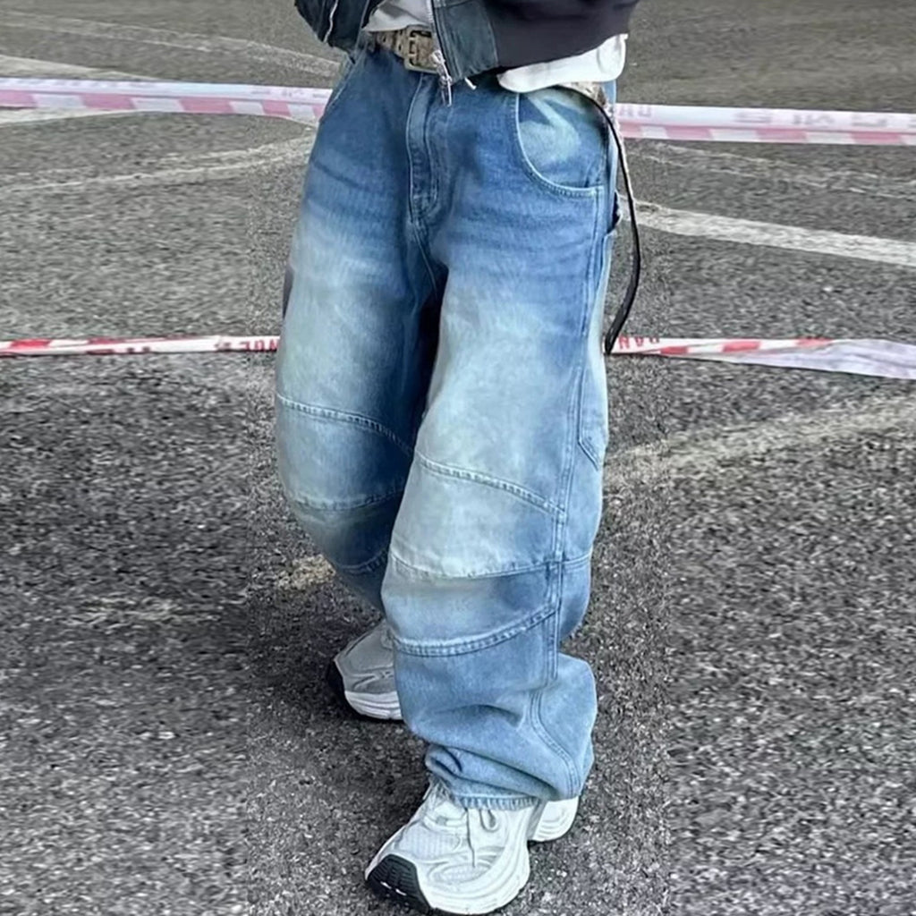 Washed White Blue Baggy Pleated Denim Jeans