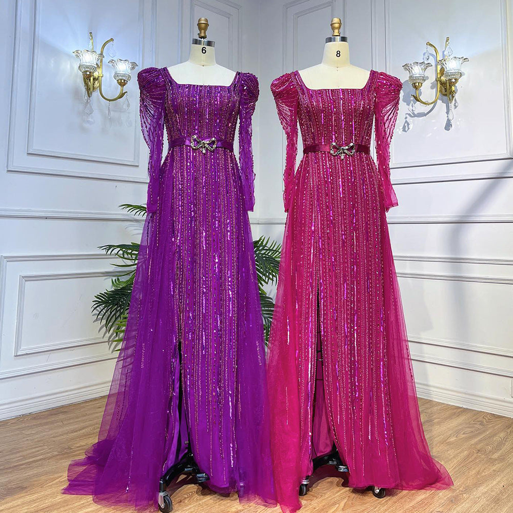 Rose Red Host Performance Evening Dress with Zipper, Long Sleeve, Tight Waist