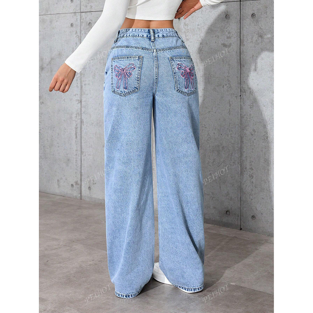 Women's Light Blue Printed Loose Summer Jeans