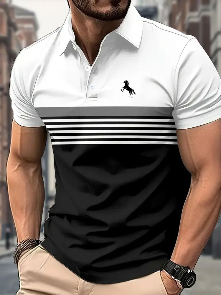 Polo de golf décontracté pour homme à rayures et blocs de couleur, avec col sport