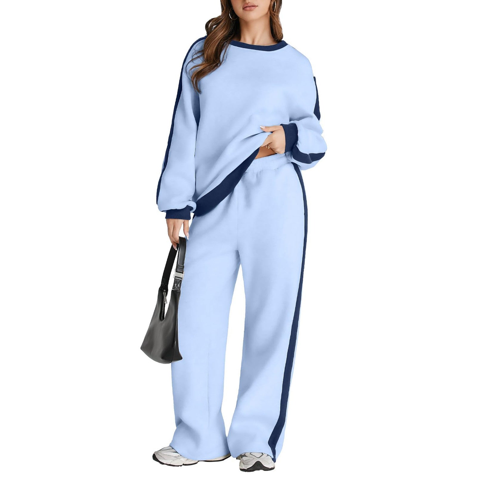 Graceful Color Matching Long Sleeve Loose Pullover Sweatshirt & Sweatpants Set