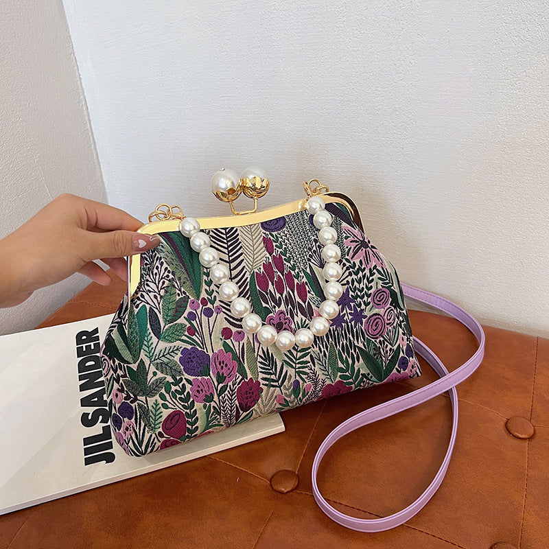 Women's Vintage Pastoral Canvas Handbag with Beads & Flowers