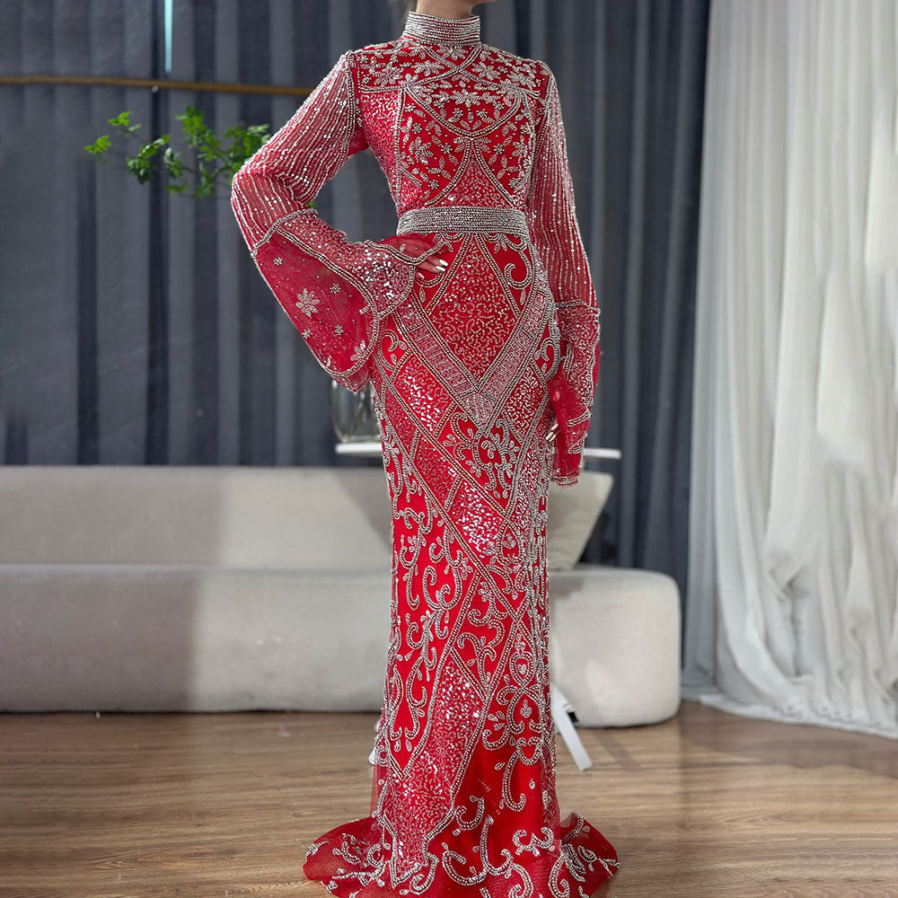 Robe de Soirée Longue Queue de Poisson Col Haut Rouge en Polyester