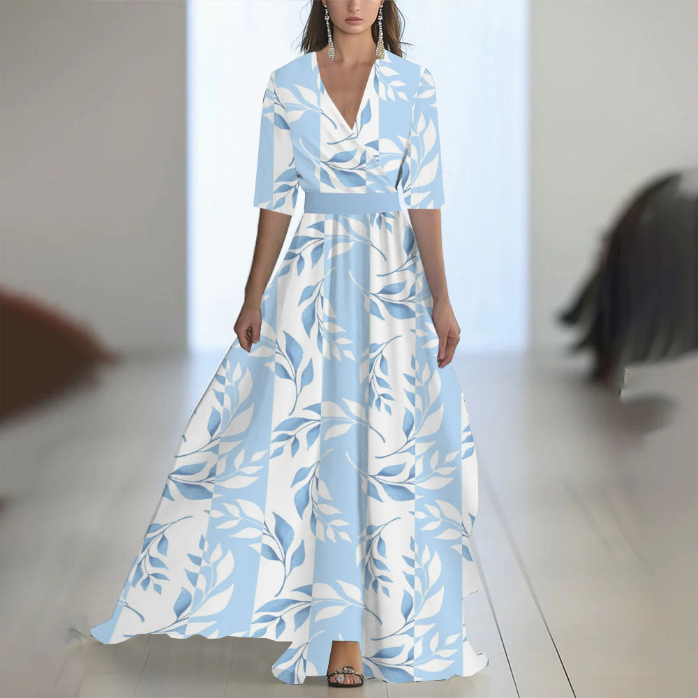 Printed Long Sleeve V-Neck Patchwork Dress with Belt