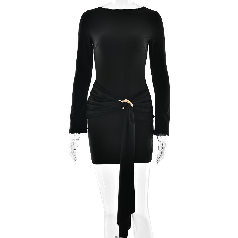 Robe moulante à manches longues et col rond pour femme, collection automne