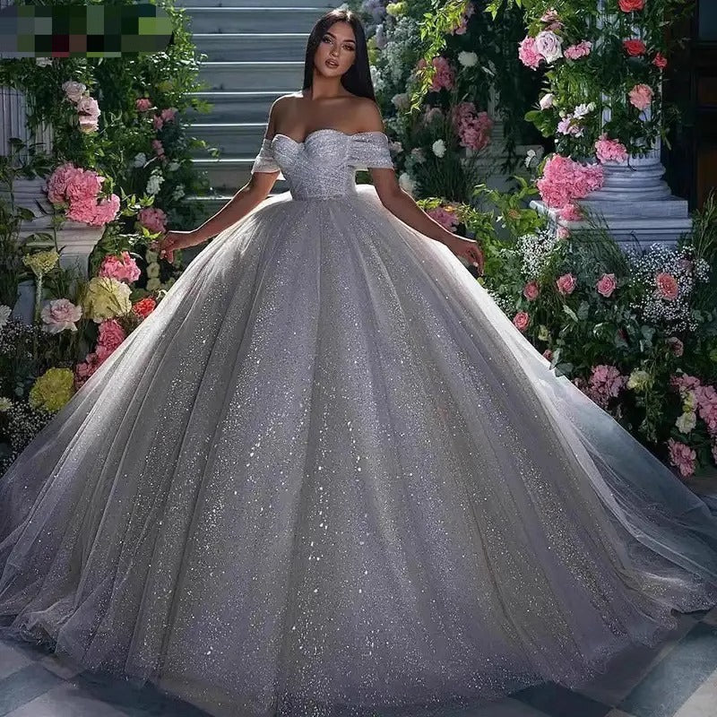 Off-Shoulder White Sequined Wedding Dress Mori Style Slimming Long Sleeve