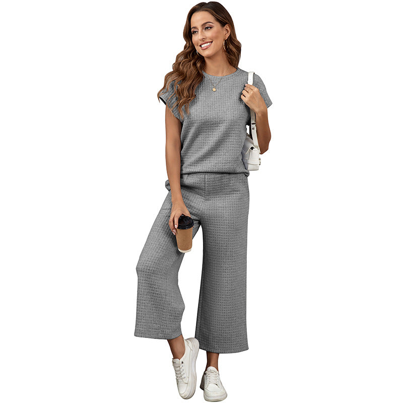 Ensemble deux pièces décontracté femme texturé couleur unie