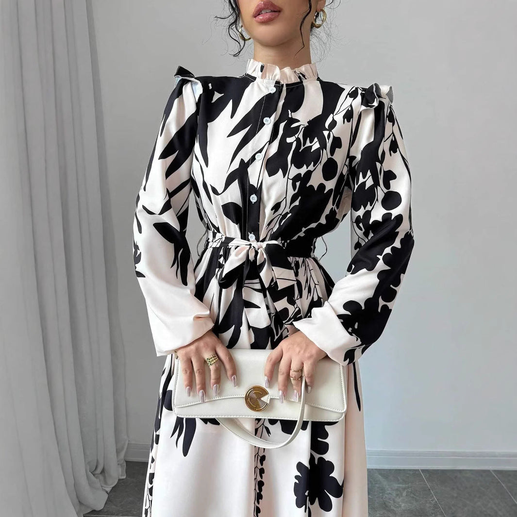Robe trapèze femme beige imprimé fleuri taille manches longues