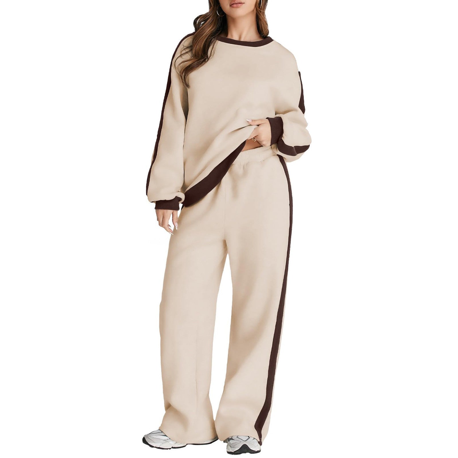 Graceful Color Matching Long Sleeve Loose Pullover Sweatshirt & Sweatpants Set