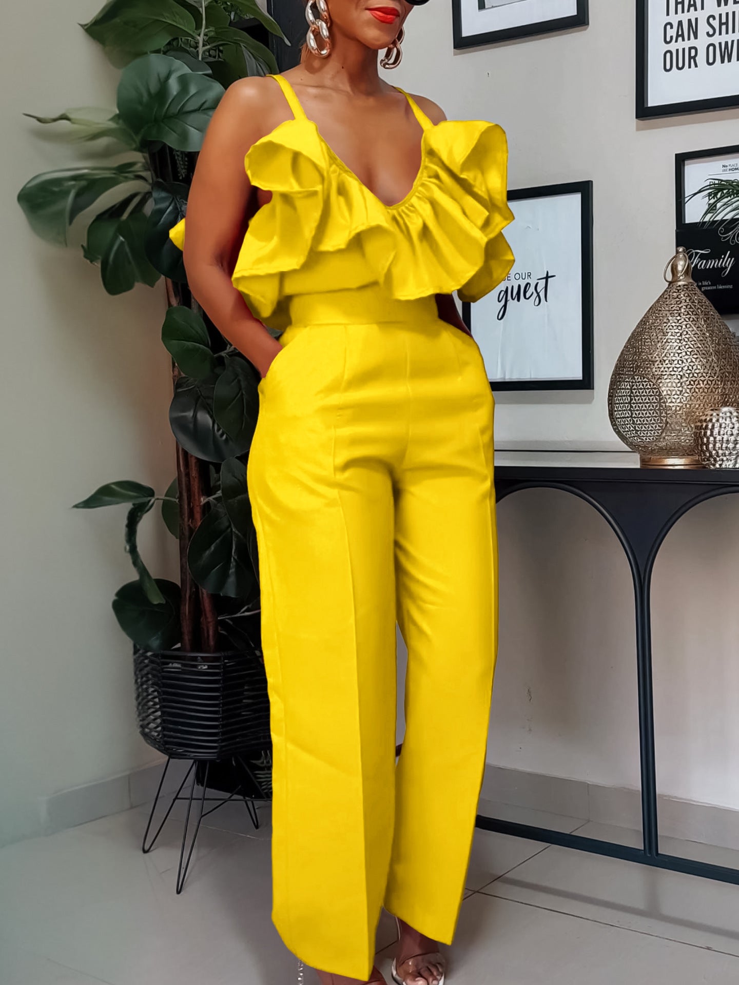 V-Neck Flounce Sling Top & High Waist Trousers Suit