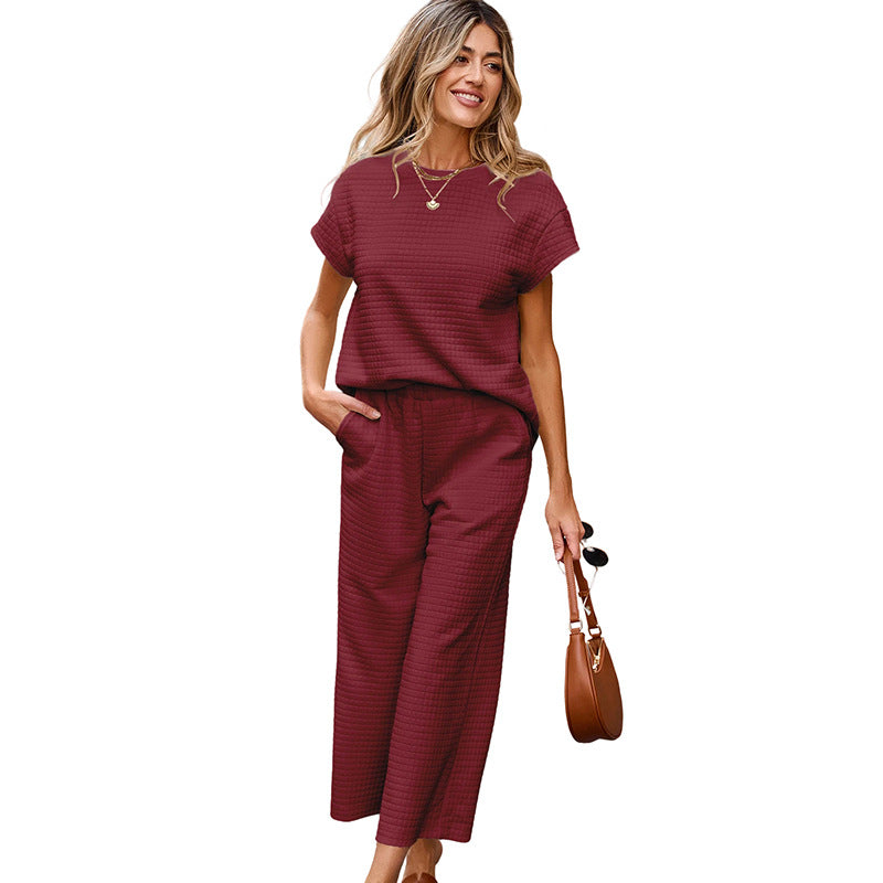 Ensemble deux pièces décontracté femme texturé couleur unie