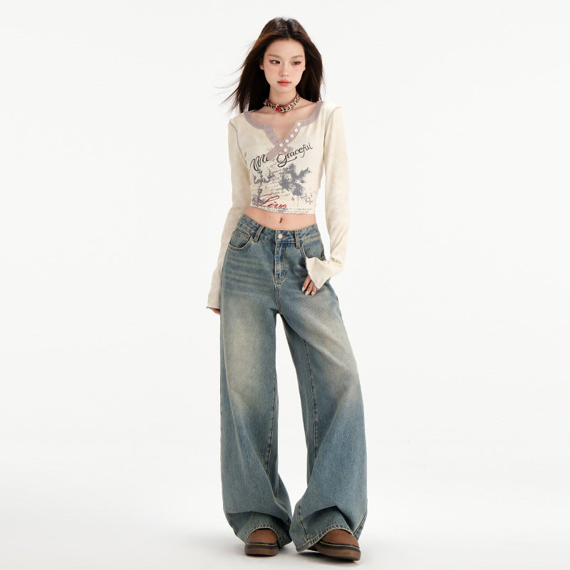 Retro Straight All-matching Loose Drooping Wide Leg Jeans