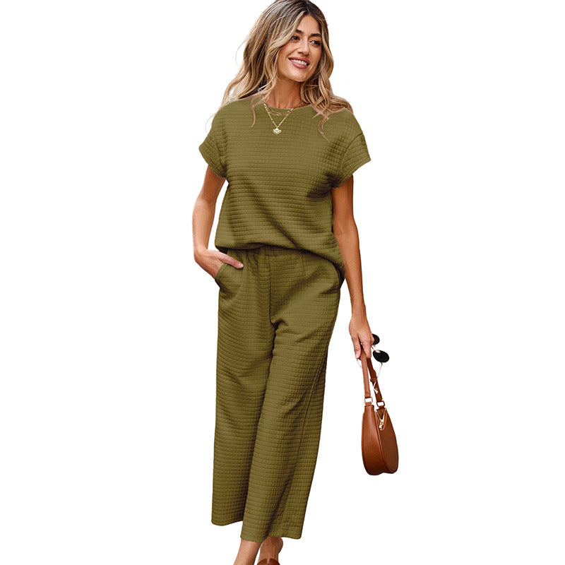 Ensemble deux pièces décontracté femme texturé couleur unie