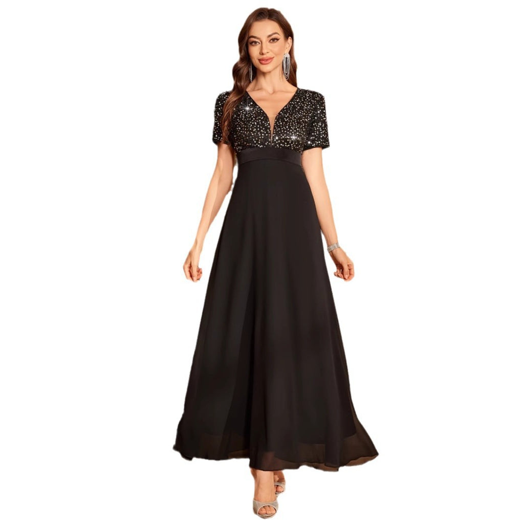 Robe longue à fines bretelles élégante noire à sequins pour femme