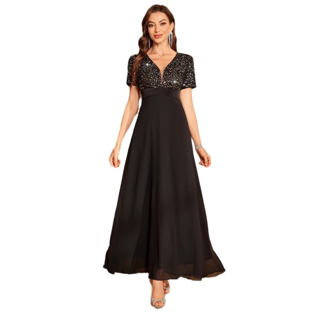 Robe longue à fines bretelles élégante noire à sequins pour femme
