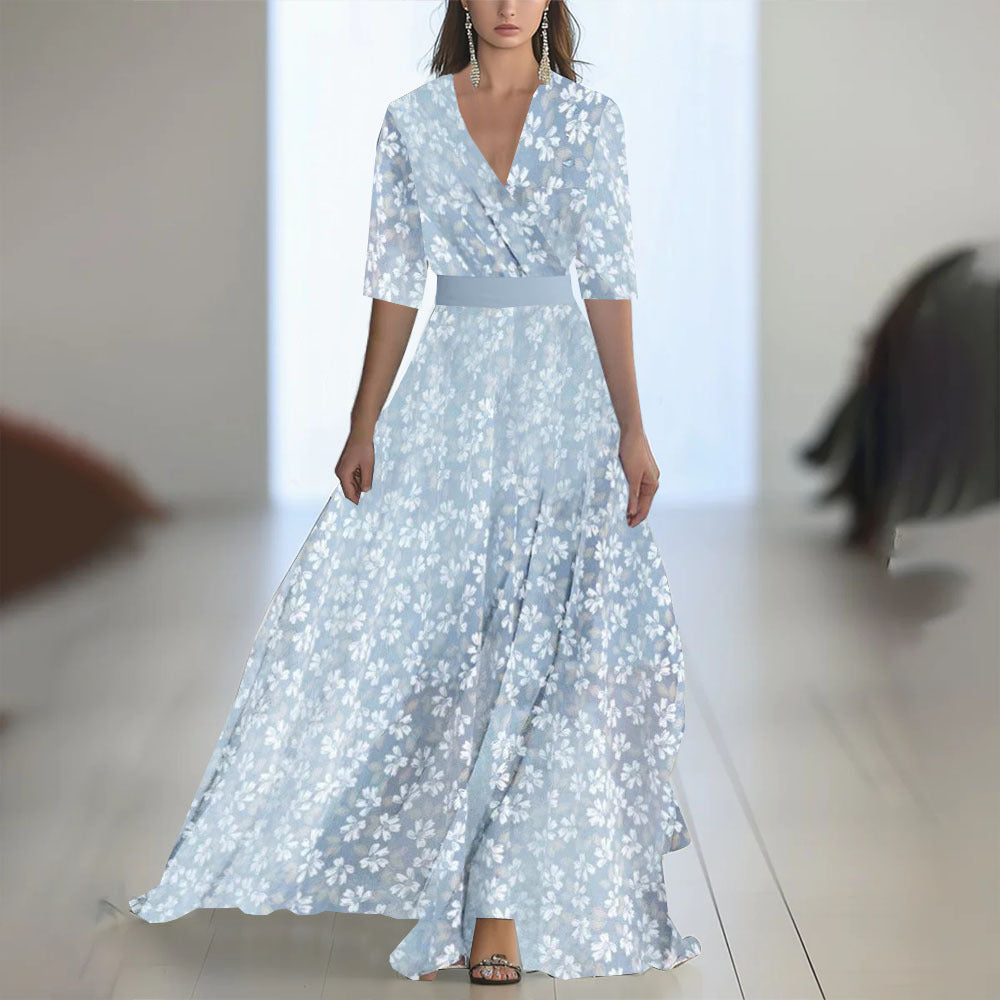Printed Long Sleeve V-Neck Patchwork Dress with Belt