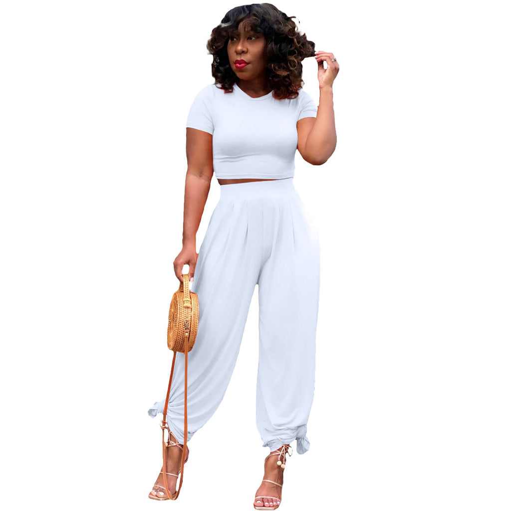 Solid Color Midriff Bell-Bottom Pants Casual Suit for Women