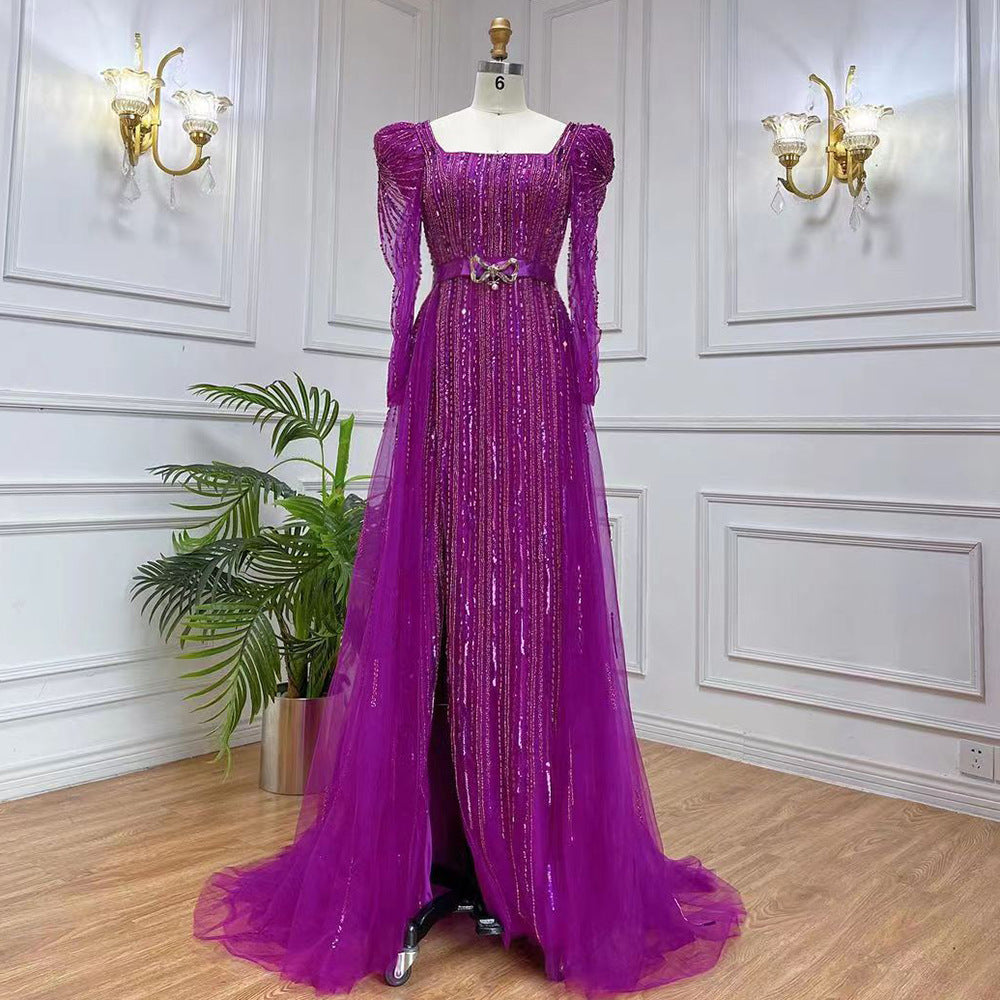Rose Red Host Performance Evening Dress with Zipper, Long Sleeve, Tight Waist