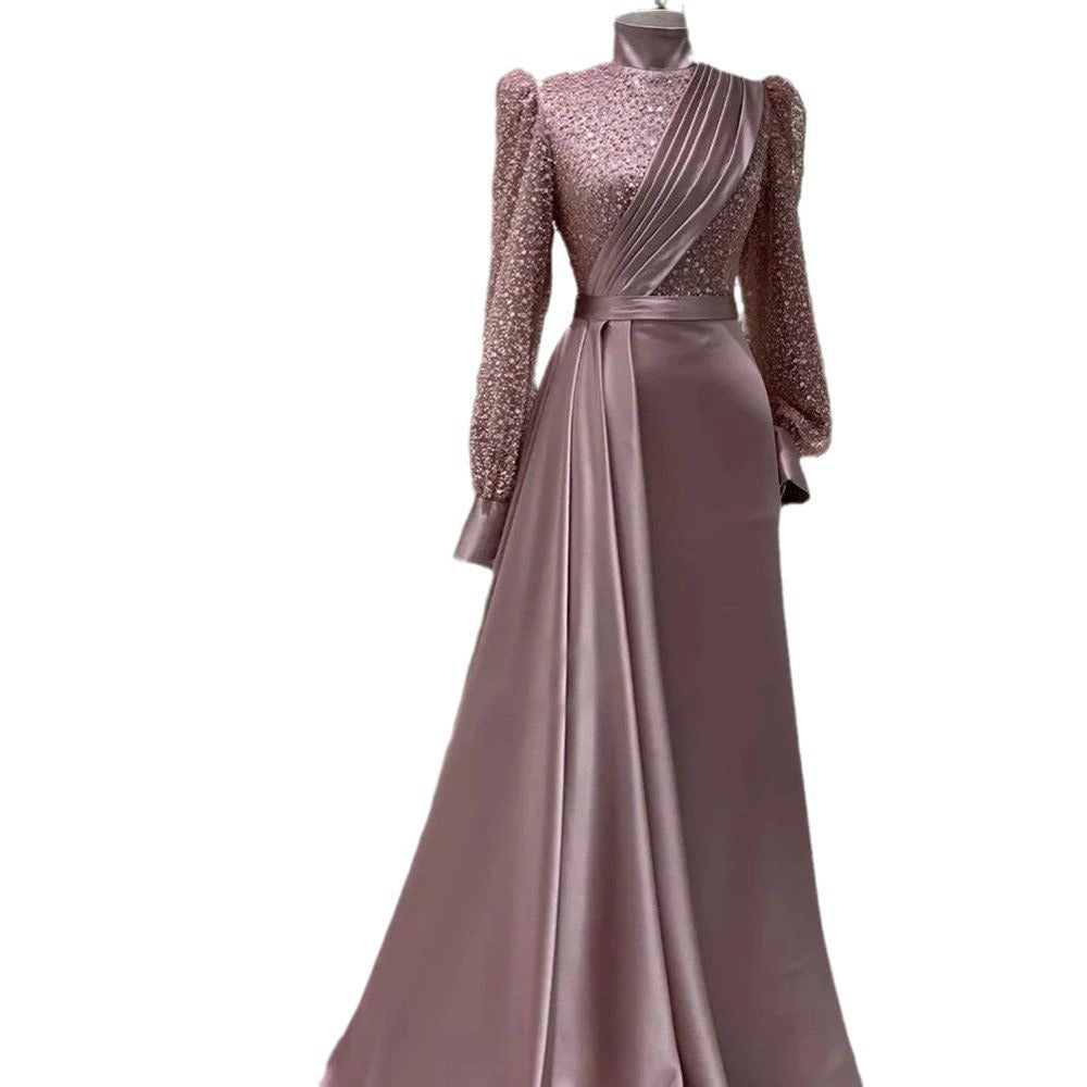 Elegant Long Sleeve Detachable Satin Evening Dress