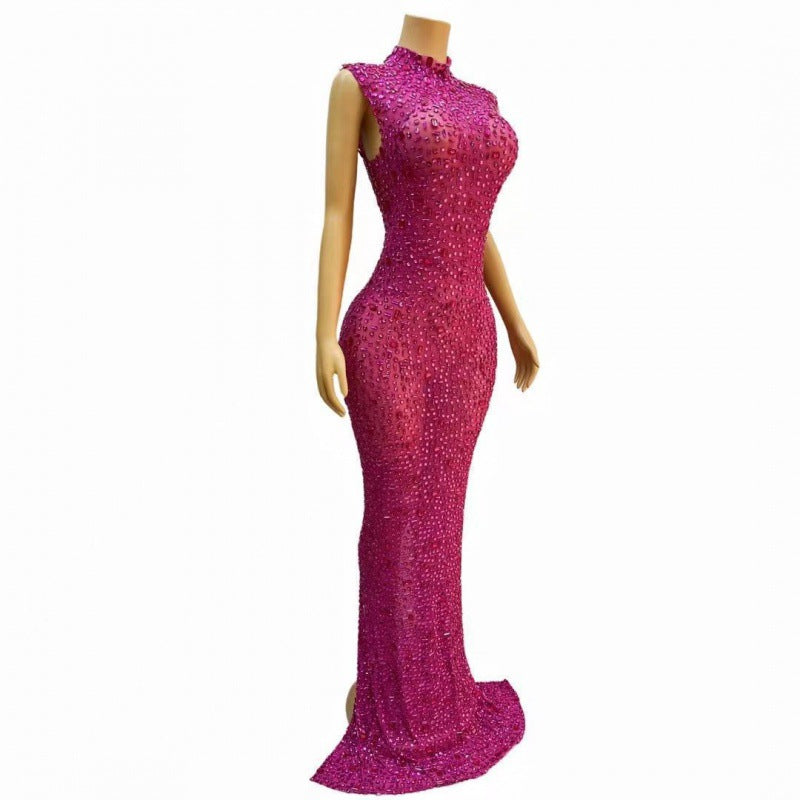 Slim Shiny Rhinestone Rose Red Birthday Party Dress