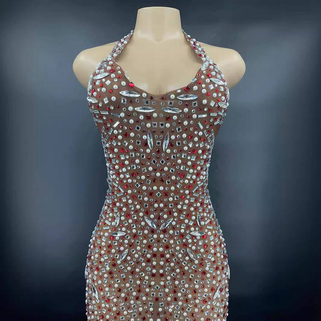 Robe de bal dos nu élégante en strass et paillettes de cristal en élasthanne